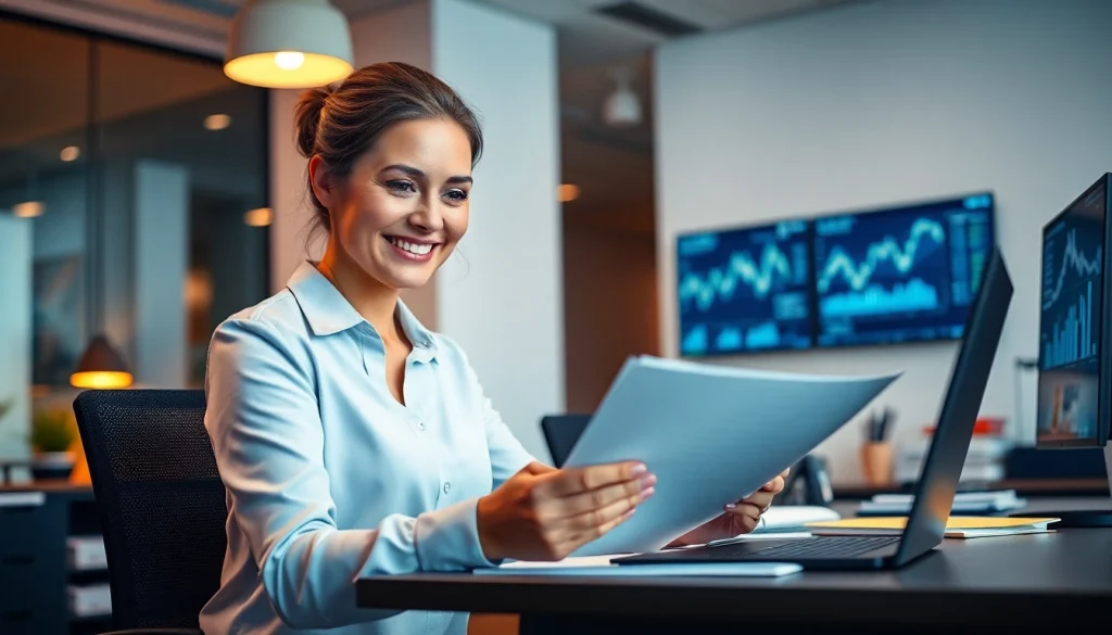 Środowisko biura rachunkowego z Marzeną Owczarzak, profesjonalną księgową, w nowoczesnym biurze.