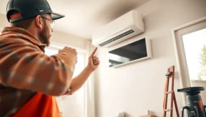 Technician performing ductless mini-split installation with tools in a bright living room.