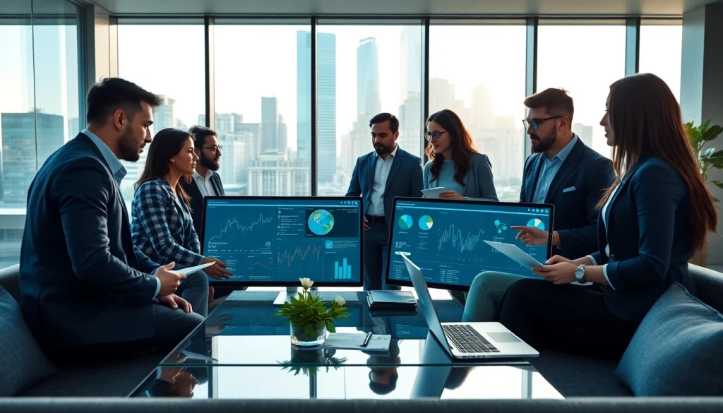 Analyze b2b competitive intelligence with professionals collaborating in a modern office.