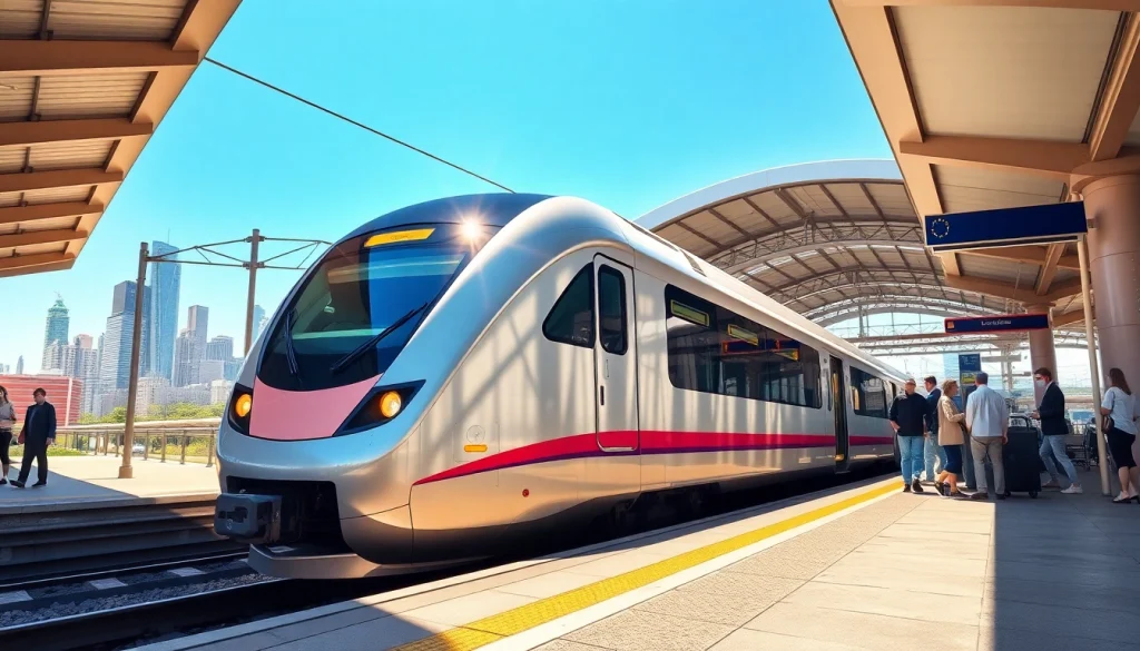 Engaging view of a modern railway company train at a vibrant city station.