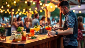 Mobile bar service at an outdoor event, featuring colorful cocktails and engaging bartending.