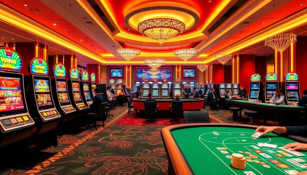 Iwin68 online gambling scene featuring vibrant casino games and players engaged in action.