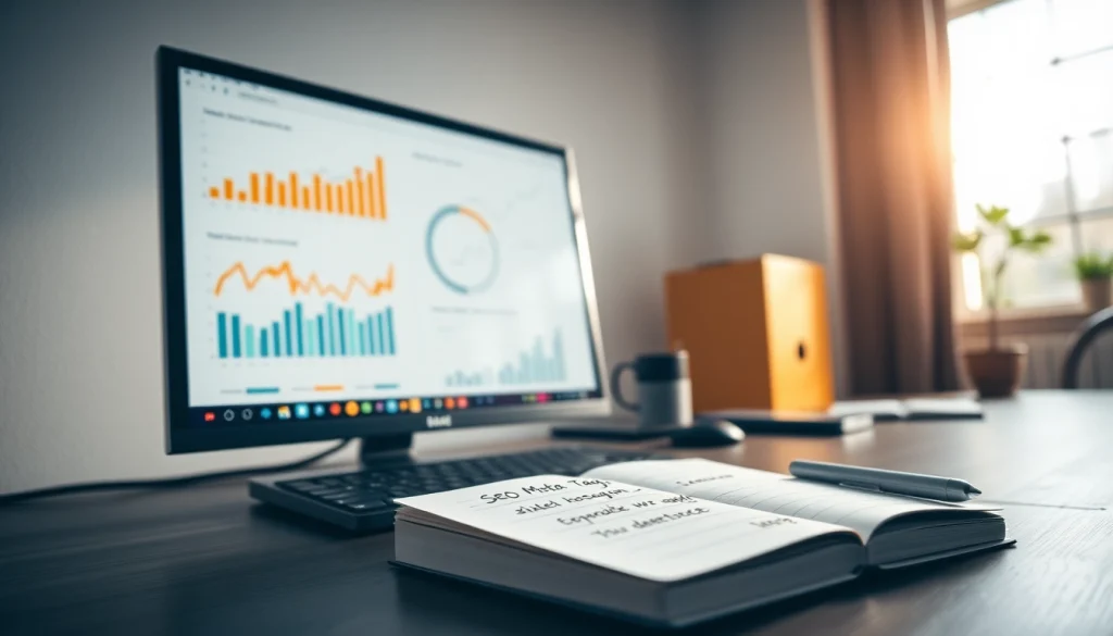 Analyze seo meta tags on a modern desktop with SEO tools and notepad.