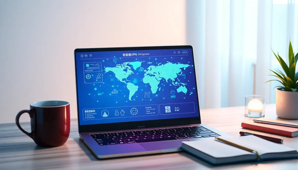 在带有环境照明的现代工作空间中展示的快连 VPN 界面。