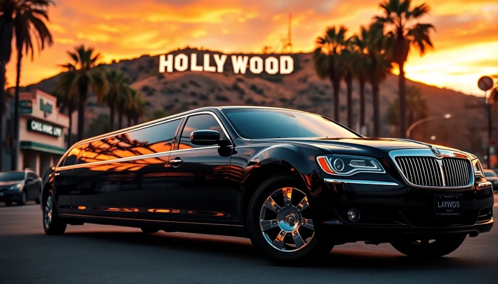 Luxury LA Limo service in front of Hollywood sign at sunset.
