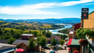 Clarksburg's charming street scene with colorful shops and vibrant nature.