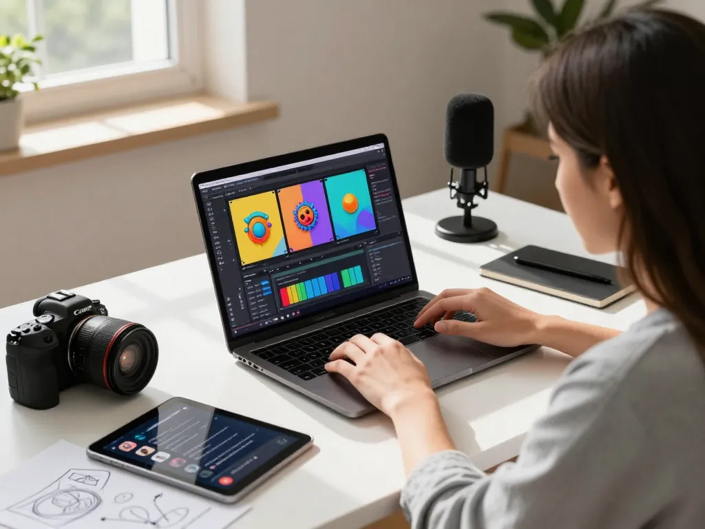 Creator engaged with video to prompt technology in a bright home office