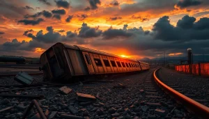 Dramatic derailment scene illustrating a derailed train car amidst wreckage and industrial landscape.