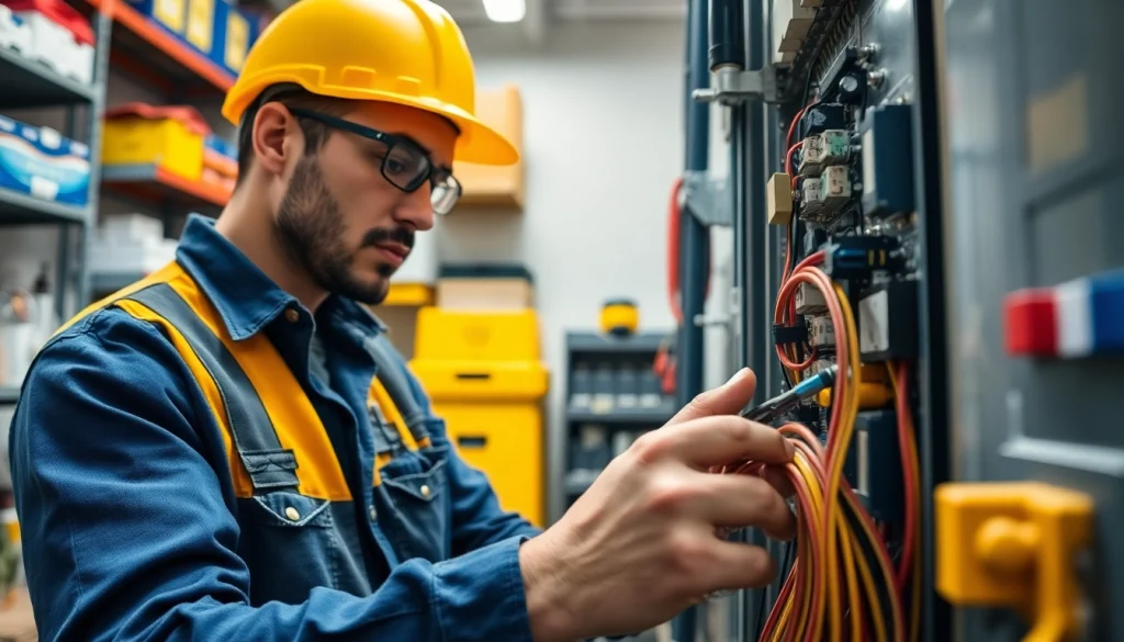 Electrician conducting electrical maintenance with tools in a modern workspace.