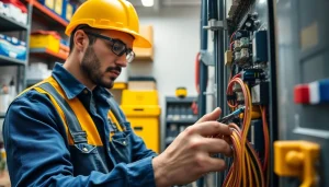 Electrician conducting electrical maintenance with tools in a modern workspace.
