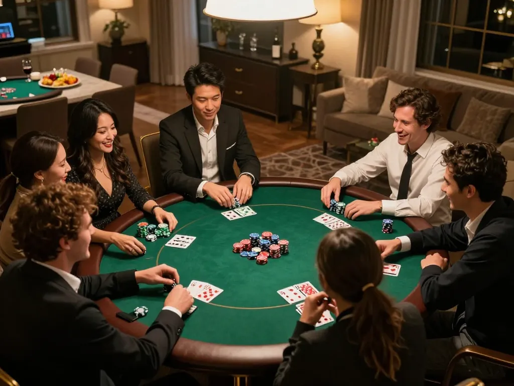 A group of friends enjoying a competitive poker night at home while playing on 678vip platform.