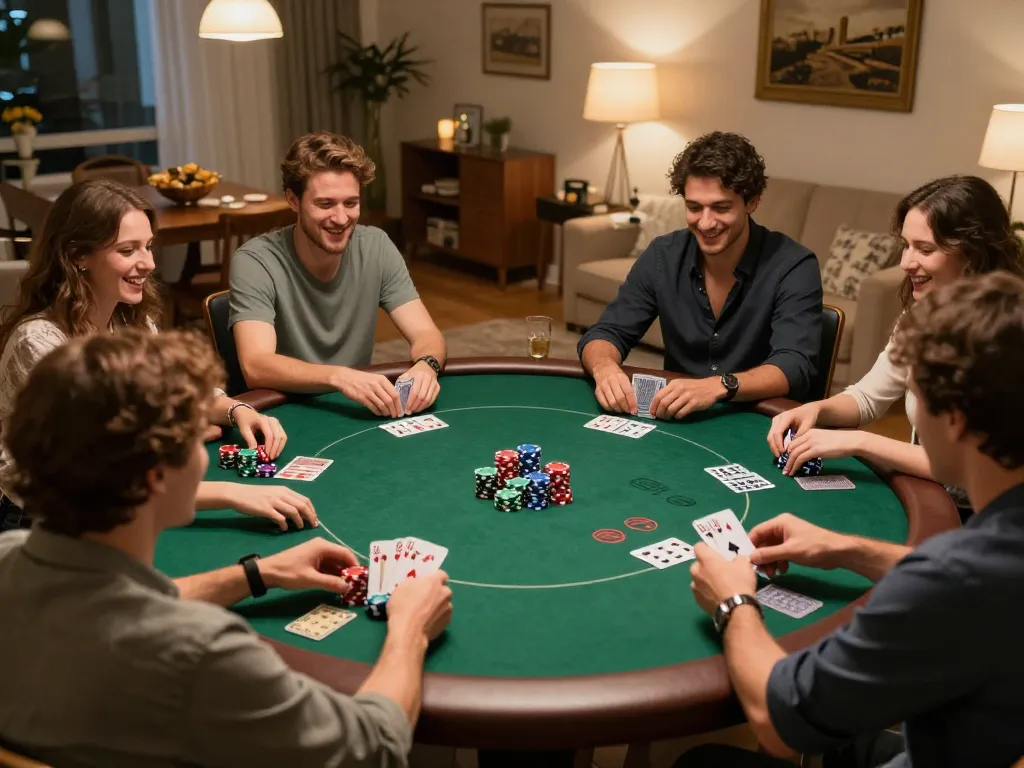 Players engaging in a thrilling poker night at home, experiencing fabet gameplay excitement.