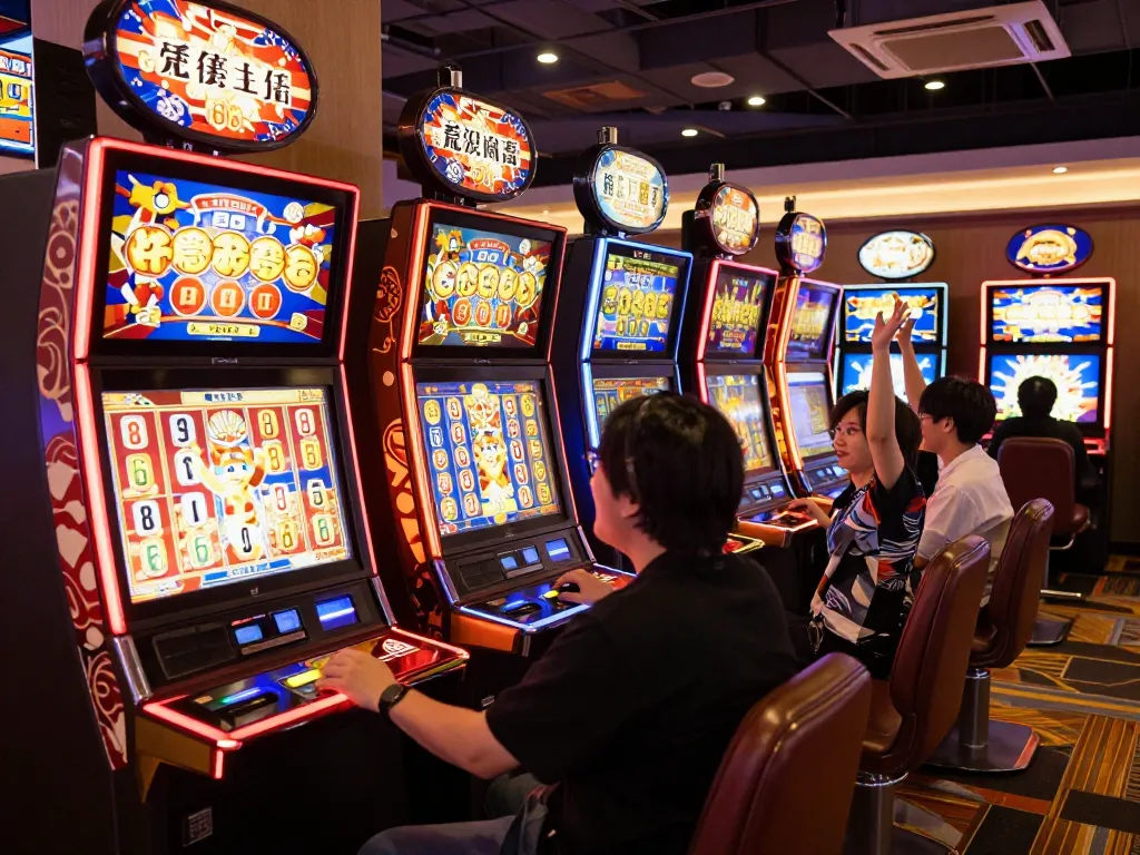 Players celebrate big wins at vibrant Jepang slot machines, showcasing excitement and entertainment in a colorful casino.