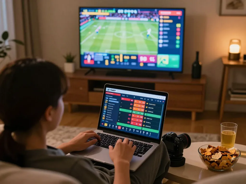 Engaging online betting scene featuring thabet live sports odds on laptop in a cozy home.