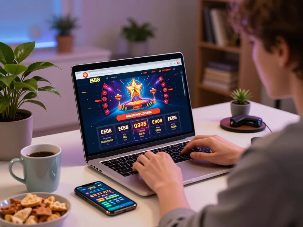 Player engaging with EE88 casino platform on laptop while enjoying snacks at home.