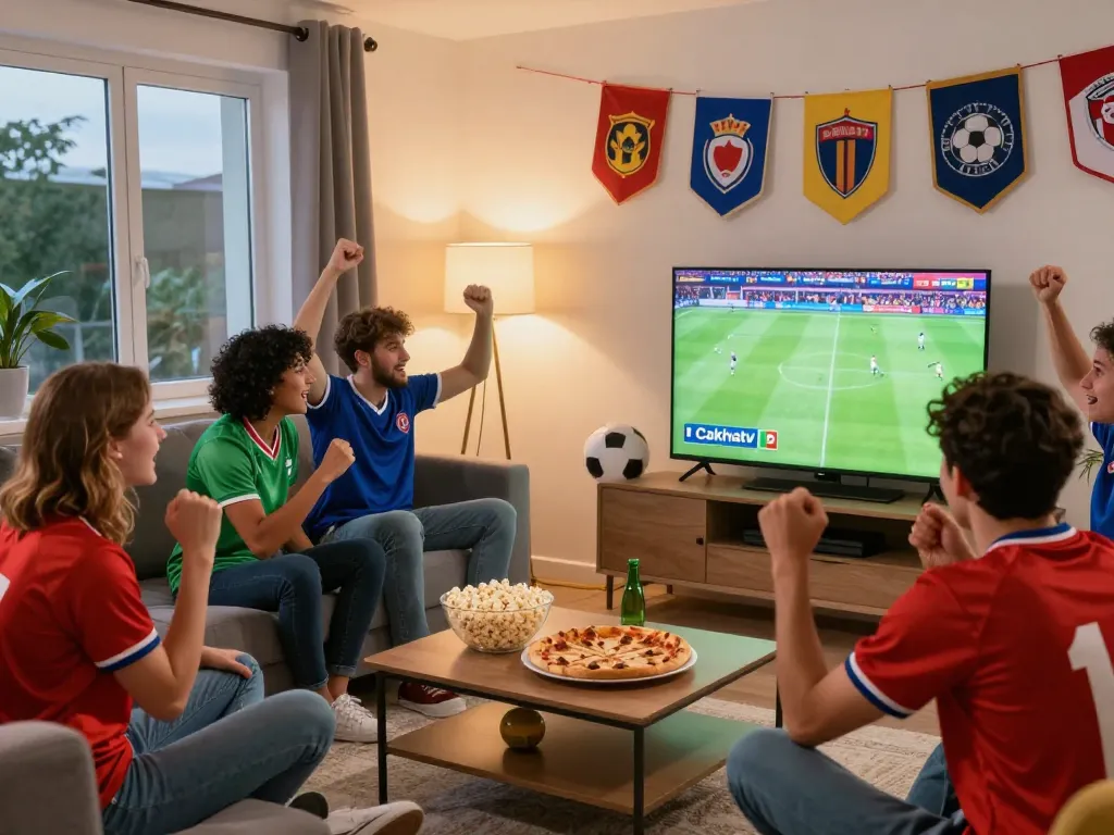 Cakhiatv football fans enjoying a live match in a lively living room atmosphere.