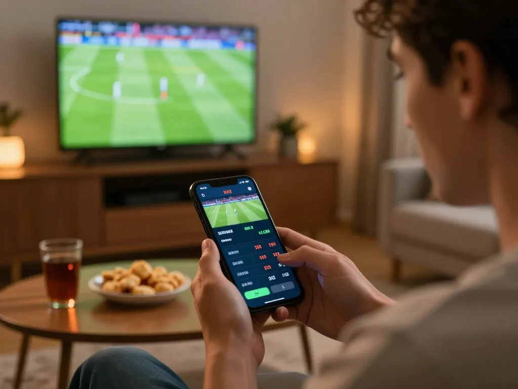 Betting on sports through a smartphone while watching games, showcasing the benefits of xoilac tv.