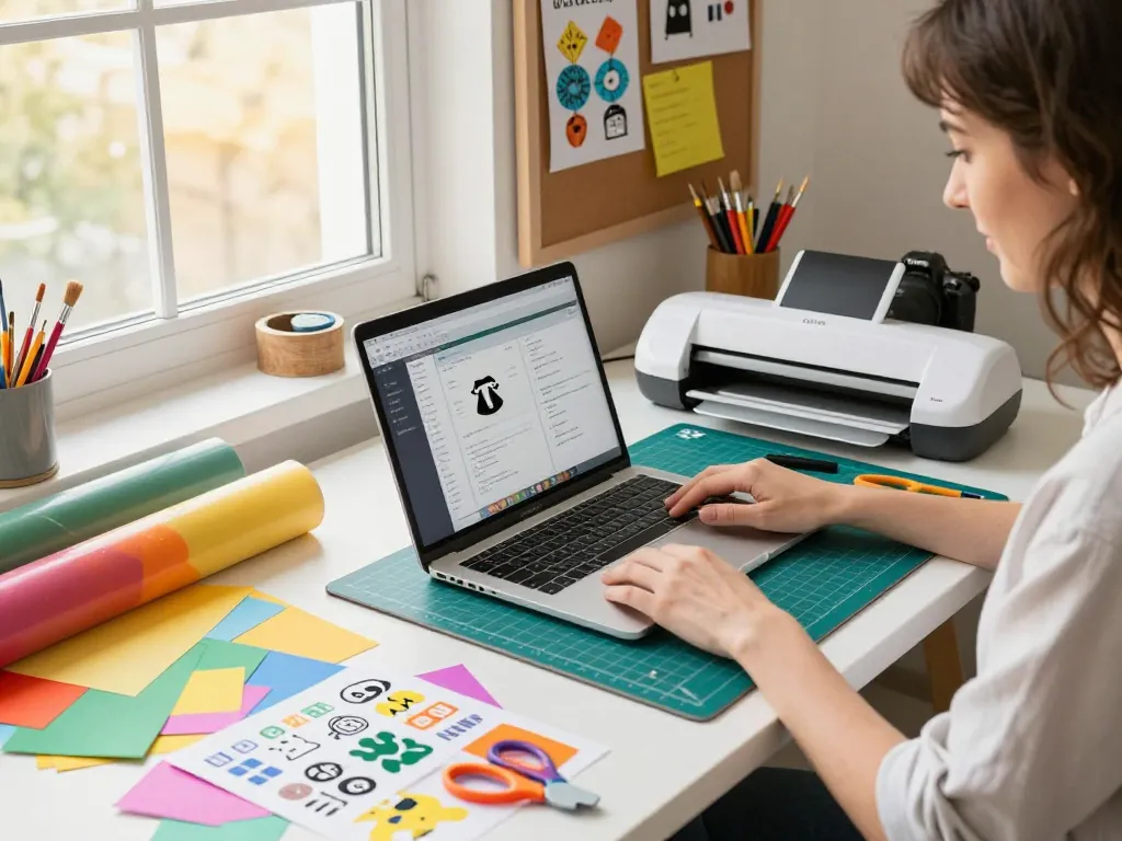 Designer using SVG files on a laptop in a vibrant crafting workspace with Cricut.