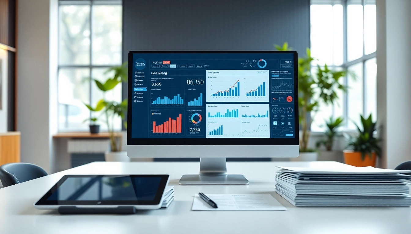 Analyzing information on a digital screen in a modern office environment.