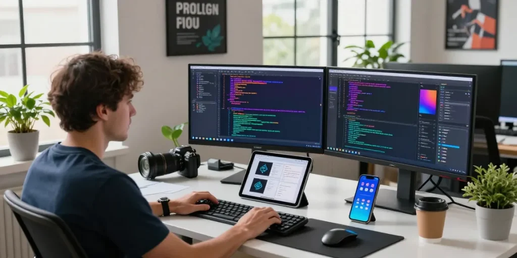 Efficient workspace showing 截图软件下载 and software development tools on multiple screens in a modern office setting.