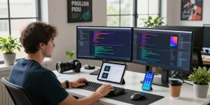 Efficient workspace showing 截图软件下载 and software development tools on multiple screens in a modern office setting.