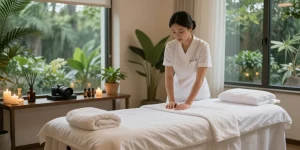 Relaxing spa therapy room setting for 강남출장안마 with essential oils and calming ambiance.