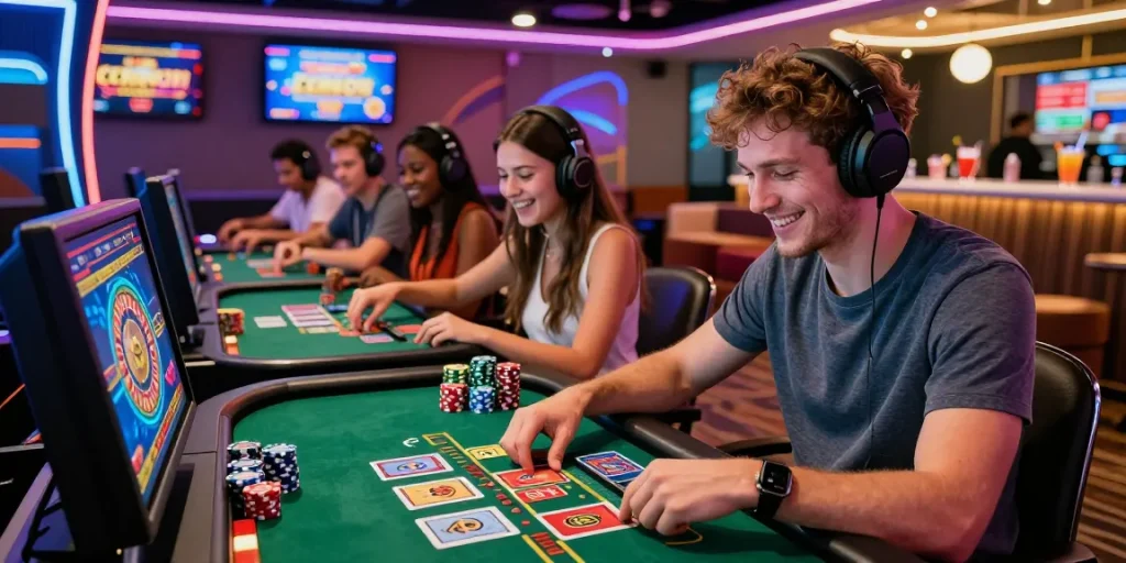 Engaged players at vibrant non uk casino sites enjoying gaming experiences with modern technology.