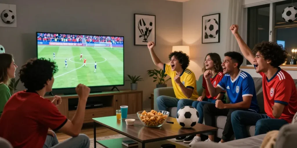 Streaming bola langsung di ruang tamu ramai, teman-teman bersorak untuk tim favorit.