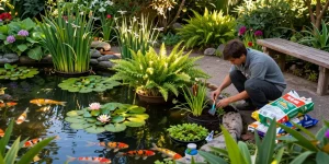 Pond plants thriving in a serene garden pond with a gardener planting new species.