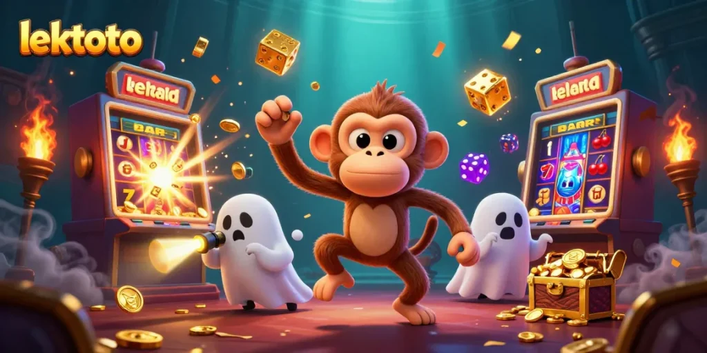 Experience lektoto action with a ghostly monkey juggling casino gold in a haunted setting